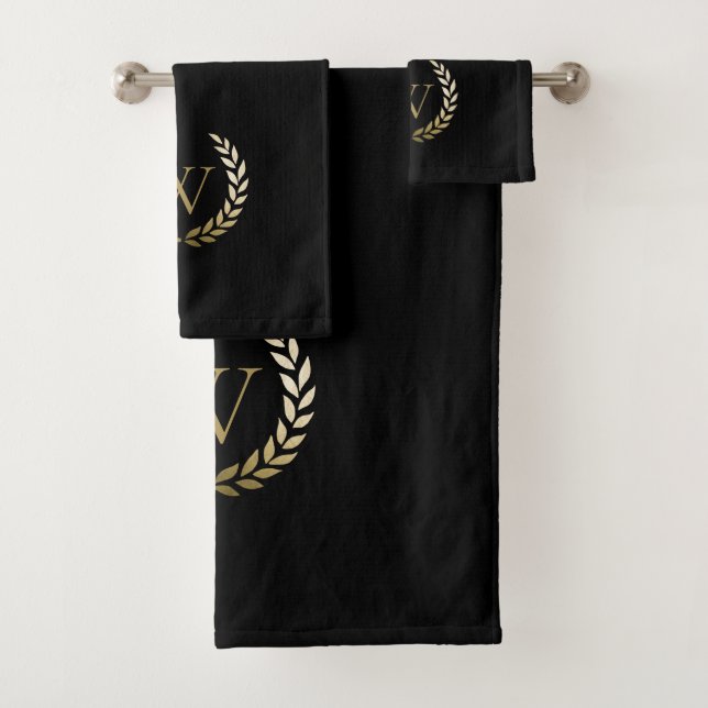 Elegant Black Gold Laurel Wreath Monogram Bath Towel Set (Insitu)