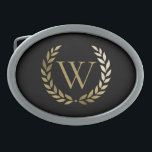 Elegant Black Gold Laurel Wreath Monogram Belt Buckle<br><div class="desc">This elegant personalised buckle features your monogram in faux gold framed by a matching chic gold laurel wreath on a simple black background. Designed by Susan Coffey.</div>