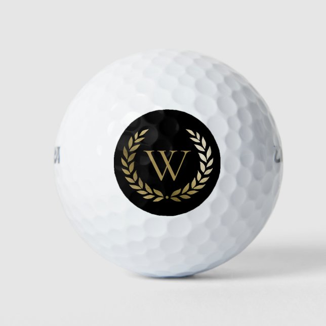 Elegant Black Gold Laurel Wreath Monogram Golf Balls (Front)