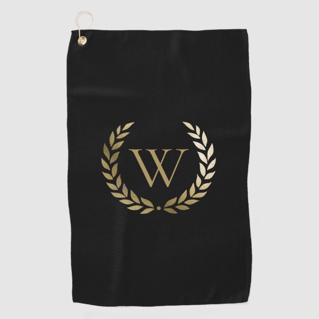 Elegant Black Gold Laurel Wreath Monogram Golf Towel (Front)