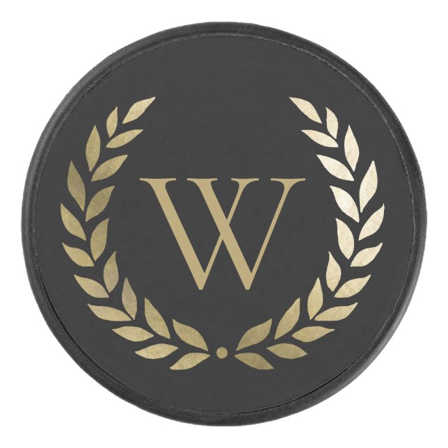 Elegant Black Gold Laurel Wreath Monogram Hockey Puck (Front)