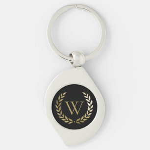 Elegant Black Gold Laurel Wreath Monogram Key Ring