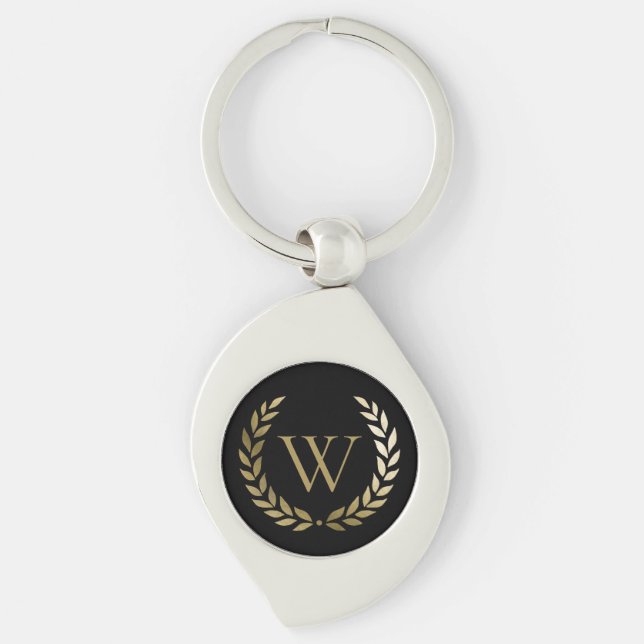Elegant Black Gold Laurel Wreath Monogram Key Ring (Front)