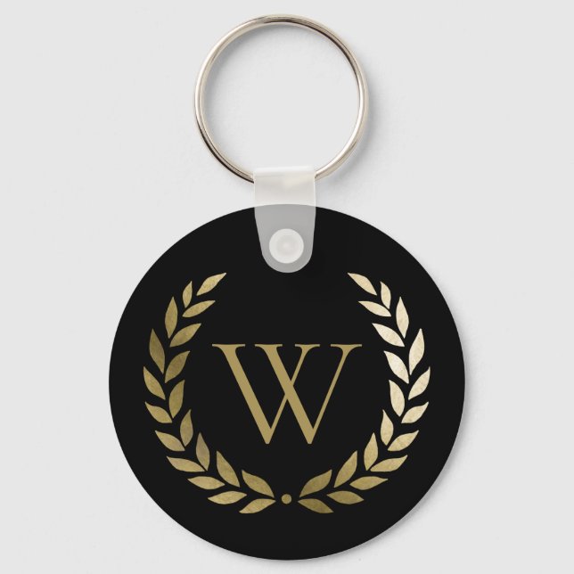 Elegant Black Gold Laurel Wreath Monogram Key Ring (Front)