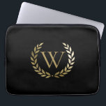 Elegant Black Gold Laurel Wreath Monogram Laptop Sleeve<br><div class="desc">This elegant personalised black laptop sleeve features your monogram in faux gold framed by a matching shiny gold laurel wreath. Designed by Susan Coffey.</div>