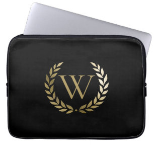 Elegant Black Gold Laurel Wreath Monogram Laptop Sleeve