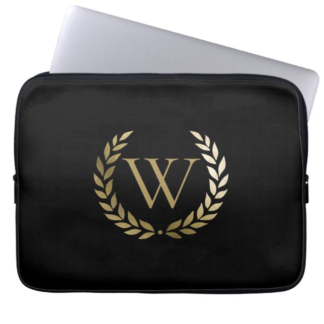 Elegant Black Gold Laurel Wreath Monogram Laptop Sleeve (Front)