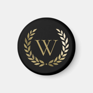 Elegant Black Gold Laurel Wreath Monogram Magnet