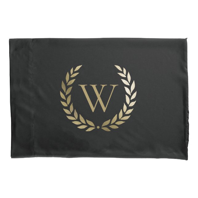 Elegant Black Gold Laurel Wreath Monogram Pillowcase (Front)