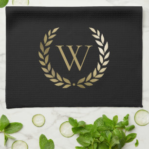 Elegant Black Gold Laurel Wreath Monogram Tea Towel