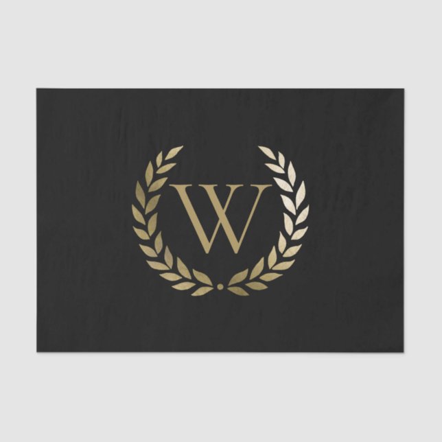 Elegant Black Gold Laurel Wreath Monogram Tissue Paper (Front)