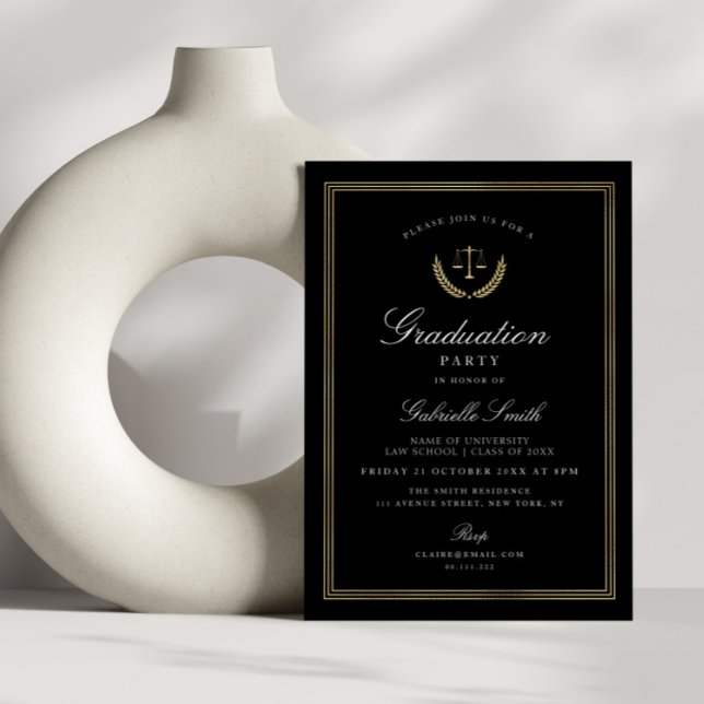 Elegant black & gold law school graduation party invitation (Creator Uploaded)