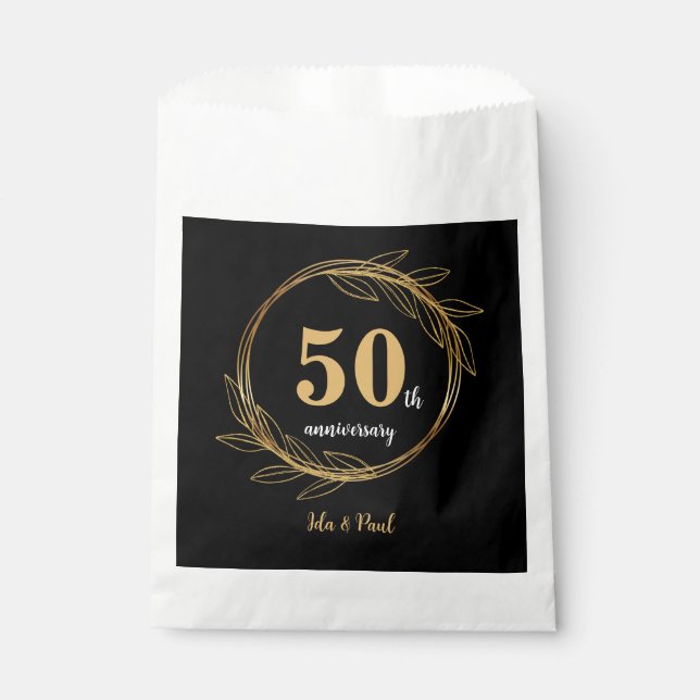 Elegant Black Gold Leaf 50th Wedding Anniversary Favour Bags (Front)