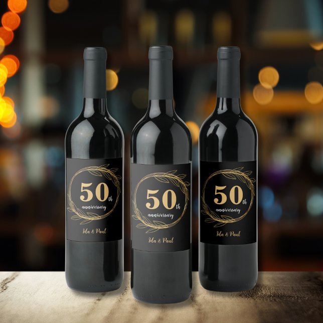 Elegant Black Gold Leaf 50th Wedding Anniversary Wine Label (Elegant Black Gold Leaf 50th Wedding Anniversary Wine Label)