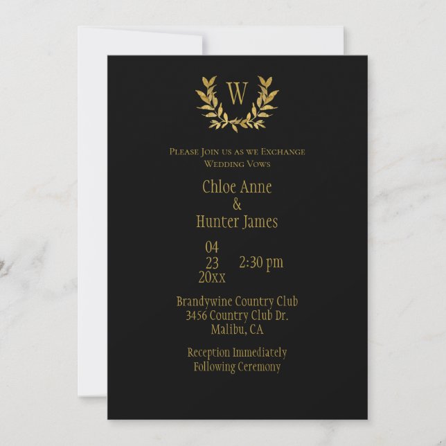 Elegant Black Gold Leaf Chic Monogram Wedding Invitation (Front)