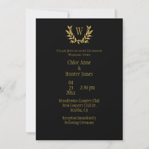 Elegant Black Gold Leaf Chic Monogram Wedding Invitation
