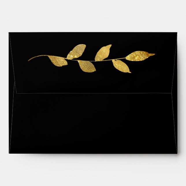 Elegant Black Gold Leaf Modern Chic Wedding Envelope (Back (Top Flap))