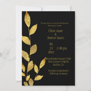 Elegant Black Gold Leaf Modern Chic Wedding Invitation