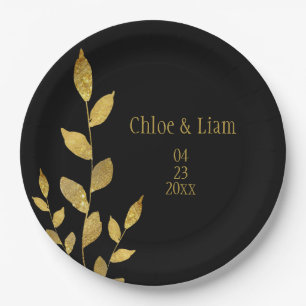 Elegant Black Gold Leaf Modern Chic Wedding Paper Plate