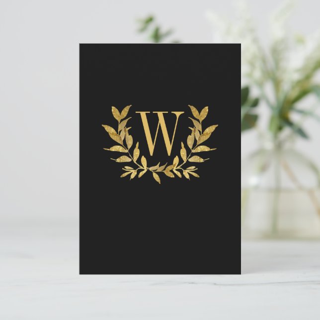 Elegant Black Gold Leaf Modern Chic Wedding Thank You Card (Standing Front)