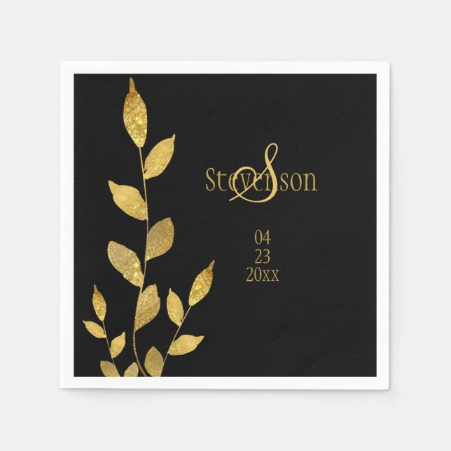Elegant Black Gold Leaf Modern Monogram Wedding Napkin (Front)