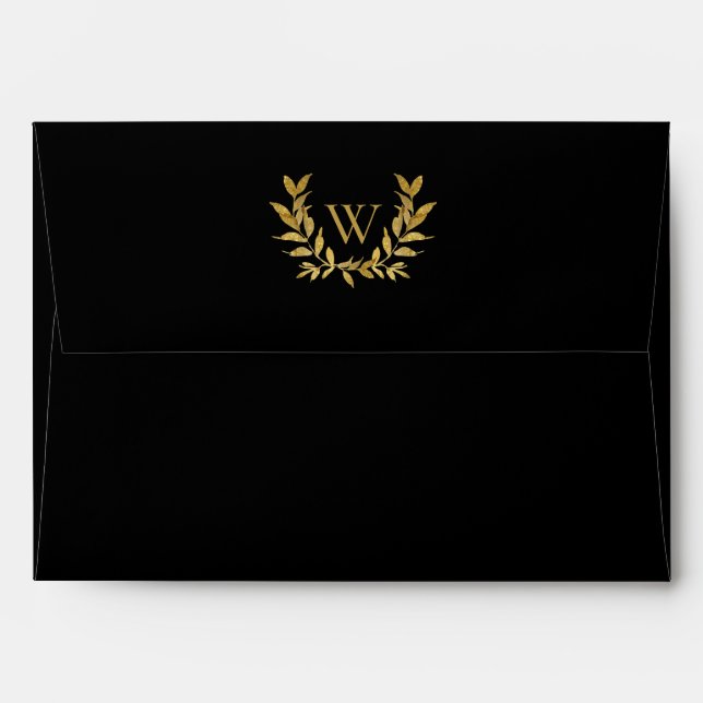 Elegant Black Gold Leaf Monogram Modern Wedding Envelope (Back (Top Flap))
