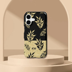 Elegant Black & Gold Leaf Pattern Custom Monogram