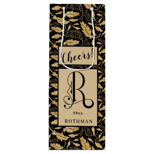 Elegant Black & Gold Leaf Pattern Monogram R Wine Gift Bag