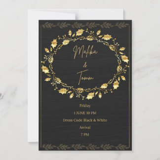 Elegant Black & Gold Leaf Wedding Invitation