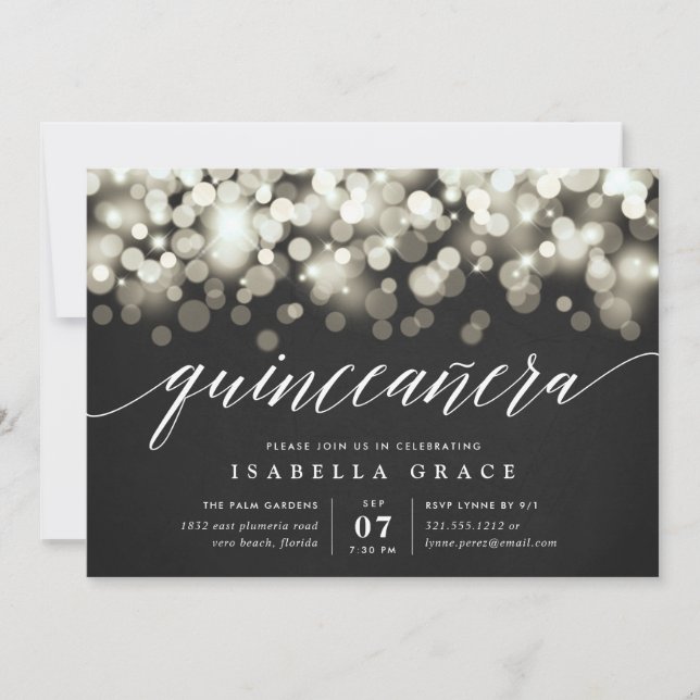 Elegant Black & Gold Lights Quinceanera Invitation (Front)
