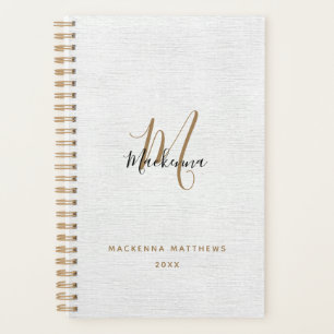 Elegant Black Gold Linen Modern Monogram Name Planner