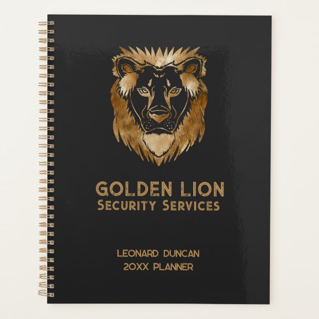 Elegant Black Gold Lion Security Services Business Planner (Front)