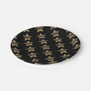 Elegant Black Gold Look Christmas Stars Pattern Paper Plate