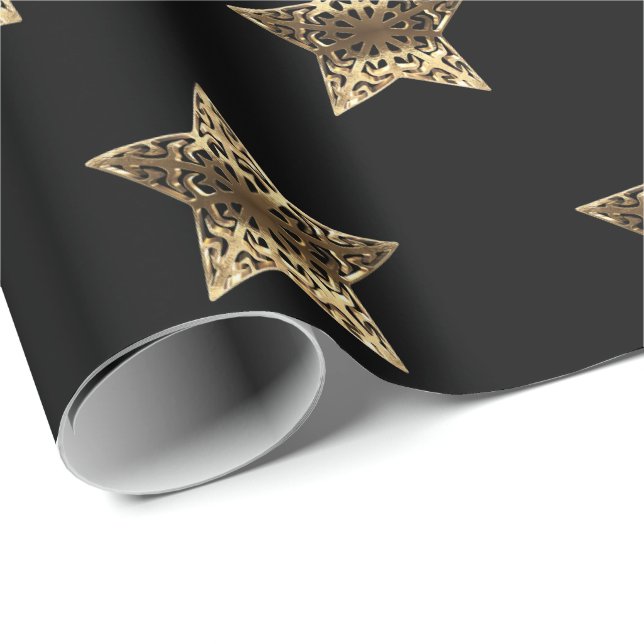 Elegant Black Gold Look Christmas Stars Pattern Wrapping Paper (Roll Corner)