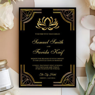 Elegant Black Gold Lotus Flower Wedding Invitation
