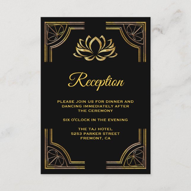 Elegant Black Gold Lotus Flower Wedding Reception Enclosure Card (Front)