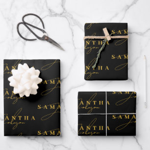 Elegant Black & Gold Luxury Signature Script Wrapping Paper Sheet