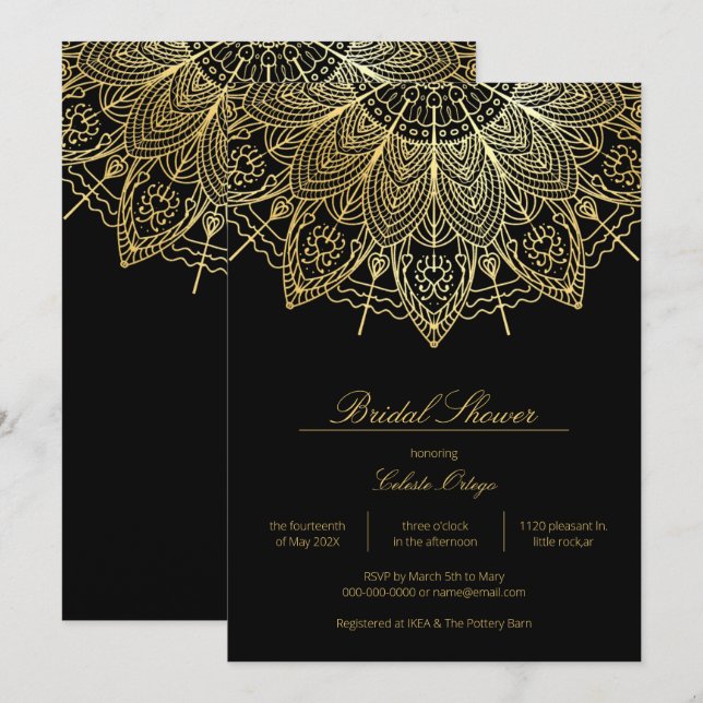 Elegant Black & Gold Mandala Bridal Shower Invitation (Front/Back)
