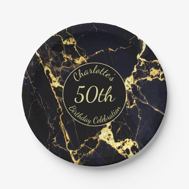 Elegant Black & Gold Marble 50th Birthday Paper Plate (Front)