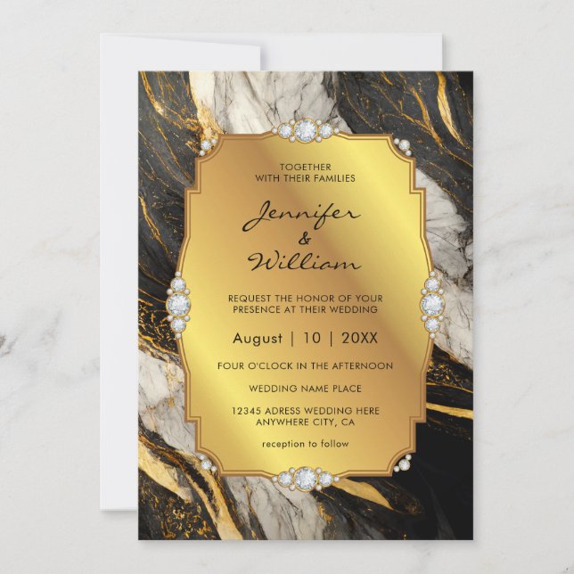 Elegant Black Gold Marble Diamond Wedding Invitation (Front)