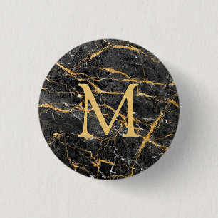 Elegant Black Gold Marble Monogram 3 Cm Round Badge