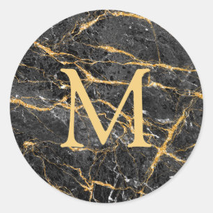Elegant Black Gold Marble Monogram  Classic Round Sticker