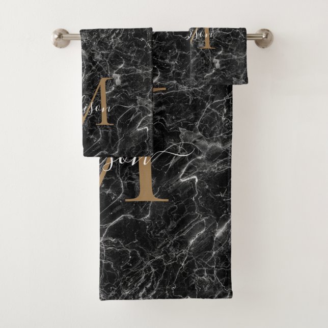 Elegant Black Gold Marble Monogram Girly Script Bath Towel Set (Insitu)