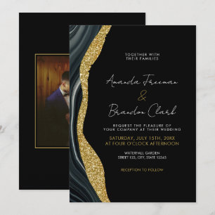 Elegant Black & Gold Marble Photo Wedding Invitation