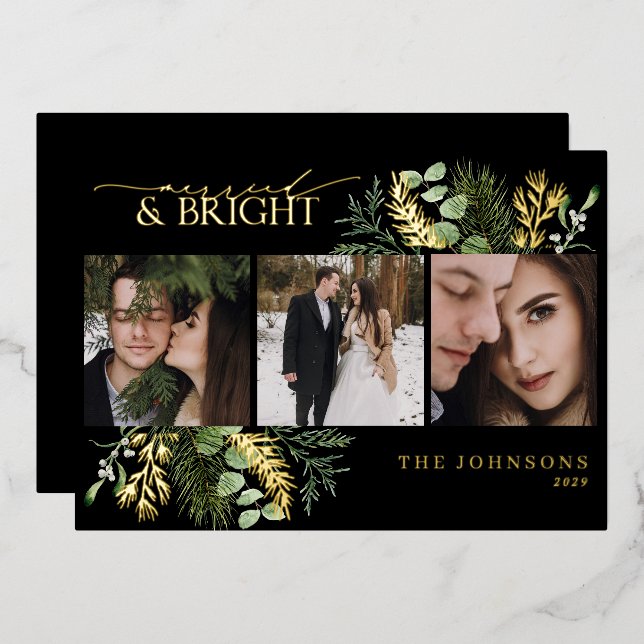 Elegant Black Gold Married & Bright Christmas  Foil Holiday Card (Front/Back)