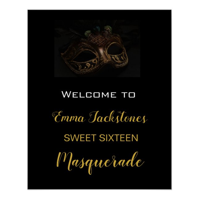 Elegant Black & Gold Masquerade Birthday Welcome   Poster (Front)