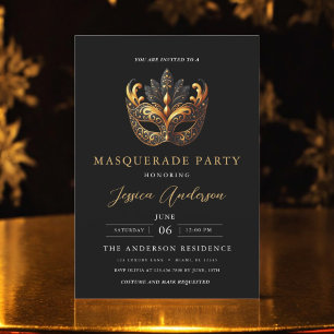 Elegant Black Gold Masquerade Party Birthday Invitation