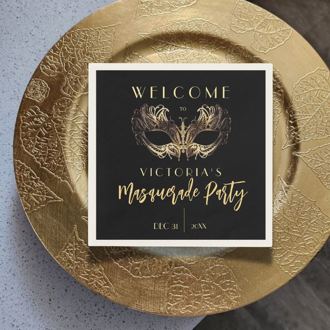 Elegant Black Gold Masquerade Party Birthday Napkin (Creator Uploaded)