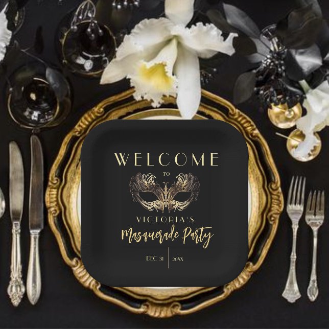 Elegant Black Gold Masquerade Party Birthday Paper Plate (Creator Uploaded)