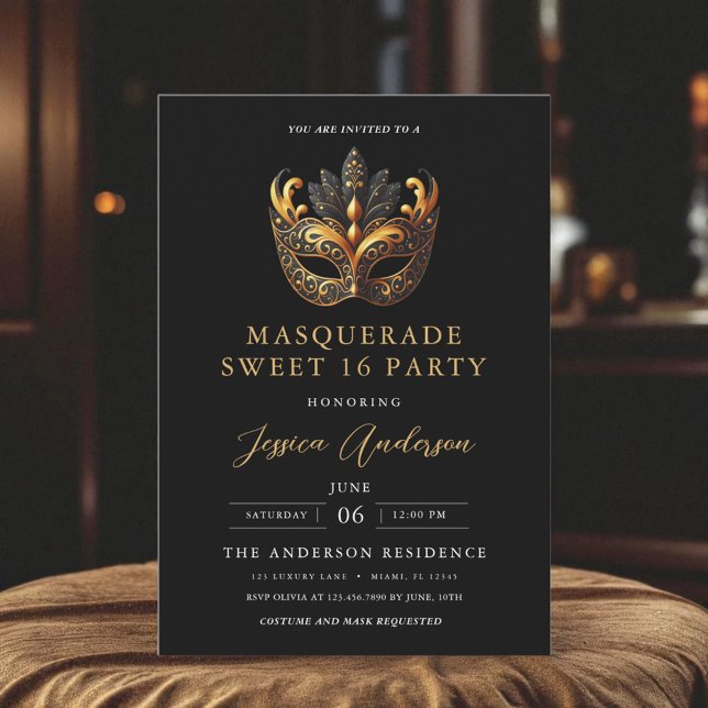 Elegant Black & Gold Masquerade Sweet Sixteen Invitation (Creator Uploaded)